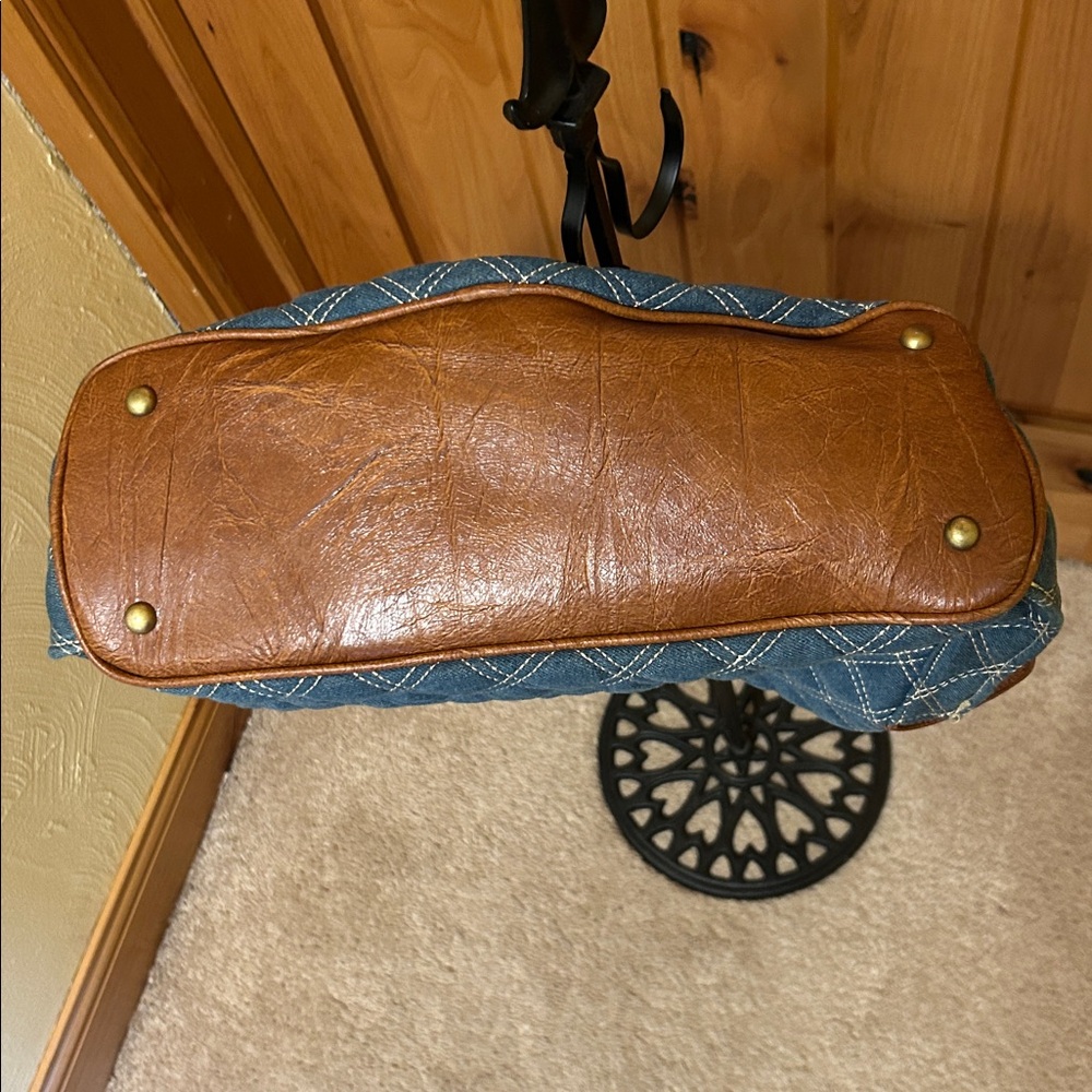 Denim and Faux Leather Diamond Stitched Hobo Style Bag - Picture 12 of 15